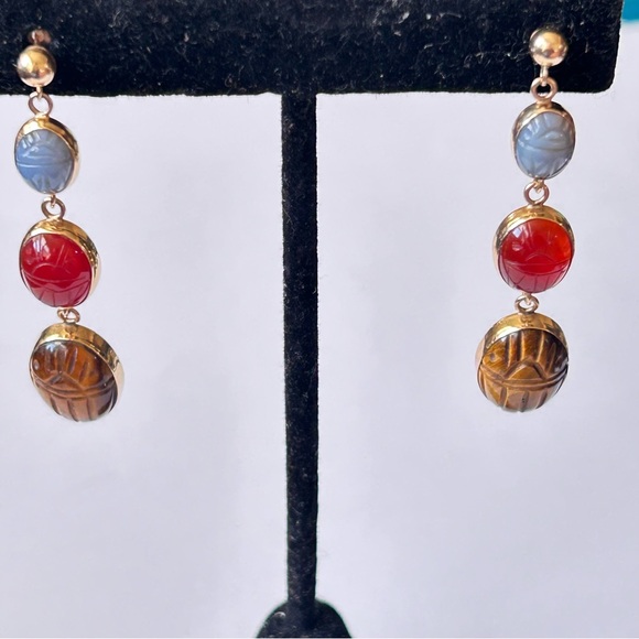 Vintage Egyptian Carla 14KT Gold Scarab Elegant Gemstone Drop Earrings - Picture 1 of 15